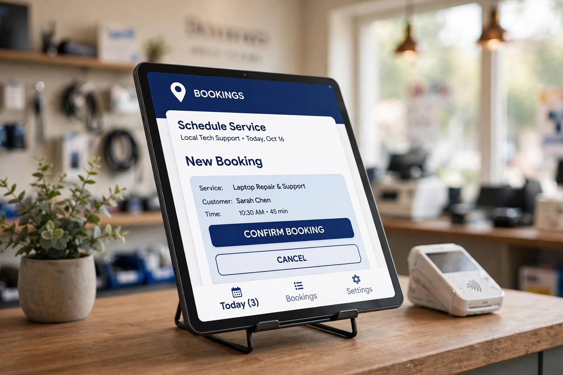The Zoom Store Tablet on a shop counter, showing a client app